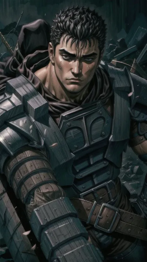 <lora:Guts_08:0.6> guts \(berserk\), armor, dark studio, rim lighting, two tone lighting, dimly lit, low key, black armor, bandages, bottom-up view, long sword, one eye closed, manly, scar, male focus, black eye, left eye open <lora:add_detail:0.8>, digital painting, concept art, smooth, sharp focus, illustration, of guts \(berserk\), by Ruan Jia and Mandy Jurgens and Greg Rutkowski and Artgerm and William-Adolphe Bouguerea <lora:epi_noiseoffset2:1>