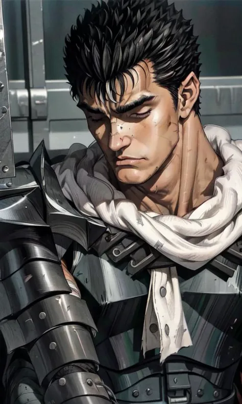 guts \(berserk\) sitting in a subway train, sleeping, eyes closed, armor, black armor, bandages, face to viewer, manly, scar, male focus, black eye, left eye open, smooth, sharp focus, illustration, <lora:Guts_05:1>