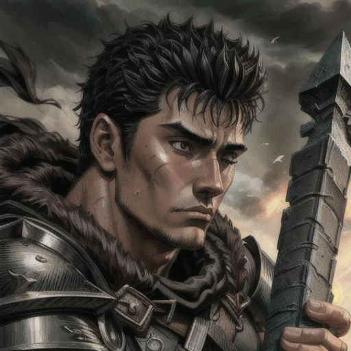 <lora:Guts_08:0.6> guts \(berserk\), armor, black armor, bandages, close view, face to viewer, long sword, one eye closed, manly, scar, male focus, black eye, left eye open <lora:add_detail:0.8>, digital painting, concept art, smooth, sharp focus, illustration, of guts \(berserk\), by Ruan Jia and Mandy Jurgens and Greg Rutkowski and Artgerm and William-Adolphe Bouguerea