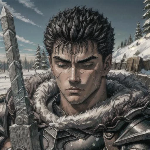 <lora:Guts_08:0.6> guts \(berserk\), 1boy, armor, black armor, bandages, close view, face to viewer, snow field background, snow trees at the background center, long sword, one eye closed, manly, scar, male focus, black eye, left eye open <lora:add_detail:0.8>, aesthetic