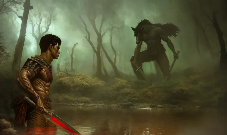 masterpiece, best quality, highly detailed, guts \(berserk\),HANDSOME face,( naked:1.2), black hair,( torn pant:1.3), small pond,(rocky pond),(dens forest tree:1.2), deep forest, (light fog), (standing in pond), male focus, manly, multiple boys, big sword,(shining sword:1.3),( sword reflect light:1.3),( angry:1.3) ,(war cry:1.3),( hand holding sword:1.3) , scar, sheath, voodoo, traditional media, weapon,bloody on face ,(creepy atmospheric:1.2),<lora:gutsBerserkCharacter_guts08:1>