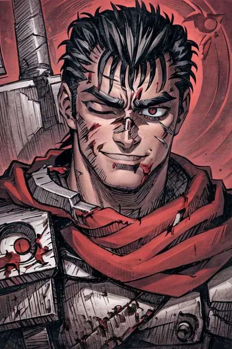 portrait of guts \(berserk\), 1boy, black hair, smiling, teeth, closed mouth, looking at viewer, male focus, one eye closed, red background, scar, scar on face, scar on nose, scarf, short hair, solo, upper body, weapon on back, blood moon, red night, sword on back, traditional media