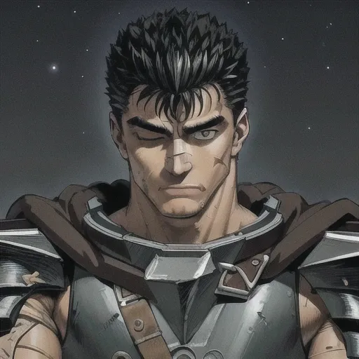 masterpiece, best quality, highly detailed, guts \(berserk\), 1boy, armor, bandages, black hair, cape, male focus, manly, one eye closed, scar, solo, (night:1.2), a lot of stars, (bright stars:1.2), forest, ultra detailed, focus on face, detailed face, full length, cowboy shot, kawai
<lora:gutsBerserkCharacter_guts08:1>