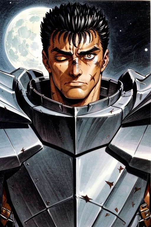 portrait of guts \(berserk\), 1boy, black hair, ((depressed)), sad, expressionless face, lifeless, looking away, male focus, one eye closed, dark background, scar, scar on face, scar on nose, cape, full armor, short hair, solo, black armor, upper body, weapon on back, full moon, traditional media, dark