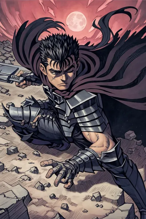 masterpiece, best quality, ultra-detailed, illustration, guts \(berserk\), solo, dynamic angle, from above, running fighting stance, attack battle form, floating debris dust stones winds,armor, one eye closed, scar, bandages, black hair, cape, male focus, manly, traditional media, weapon, full moon