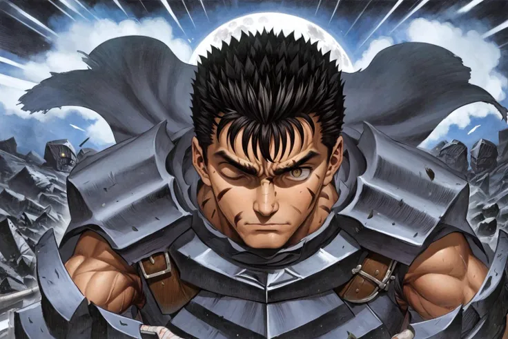 masterpiece, best quality, highly detailed, guts \(berserk\), (chibi), dynamic angle, from above, running fighting stance, attack battle form, floating debris dust stones winds,armor, one eye closed, scar, bandages, black hair, cape, male focus, manly, holding sword, huge sword, holding, traditional media, weapon, full moon