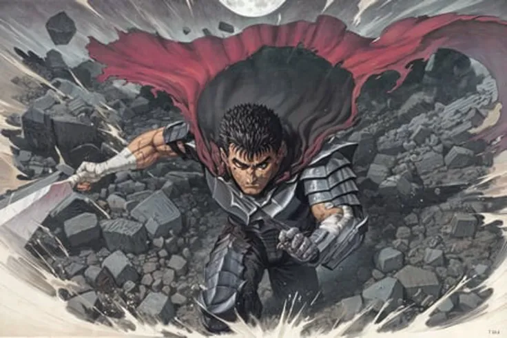 masterpiece, best quality, highly detailed, guts \(berserk\), dynamic angle, from above, running fighting stance, attack battle form, floating debris dust stones winds,armor, one eye closed, scar, bandages, black hair, cape, male focus, manly, holding sword, huge sword, holding, traditional media, weapon, full moon