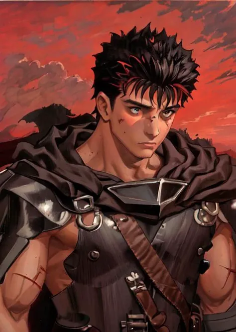 masterpiece, best quality, 1boy, black hair, short hair, muscular, scar, (upper body), (traditional media), armor, cape, <lora:guts:0.85>, outdoors, fire, red sky, cloud