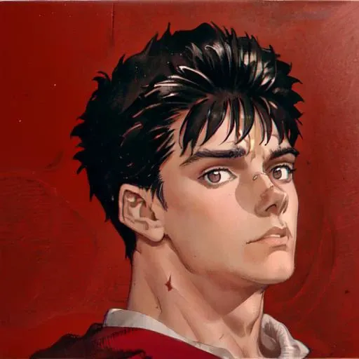 masterpiece, best quality, 1boy, black hair, short hair, muscular, scar, looking at viewer, simple background, red background, (close-up:1.1), (traditional media), <lora:guts:0.95>