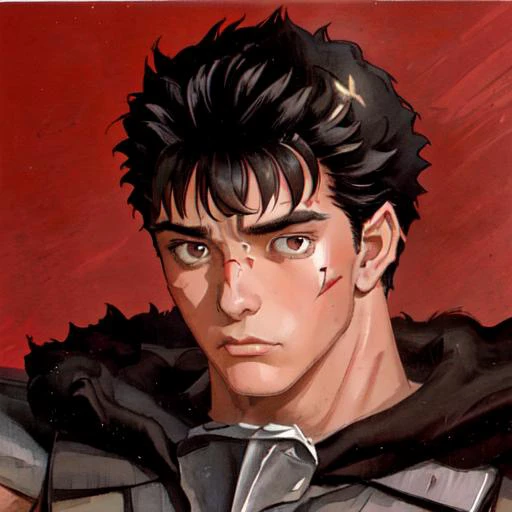 masterpiece, best quality, 1boy, black hair, short hair, muscular, scar, looking at viewer, simple background, red background, (close-up:1.1), (traditional media), shoulder armor, <lora:guts:1>