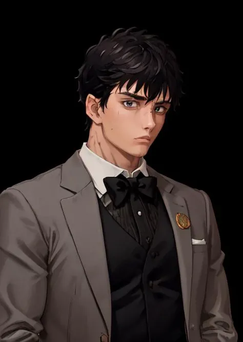 masterpiece, best quality, 1boy, black hair, short hair, (muscular:1.1), (scar), (upper body), bowtie, (black suit), hands on pocket, looking at viewer, <lora:guts:0.95>, simple background
