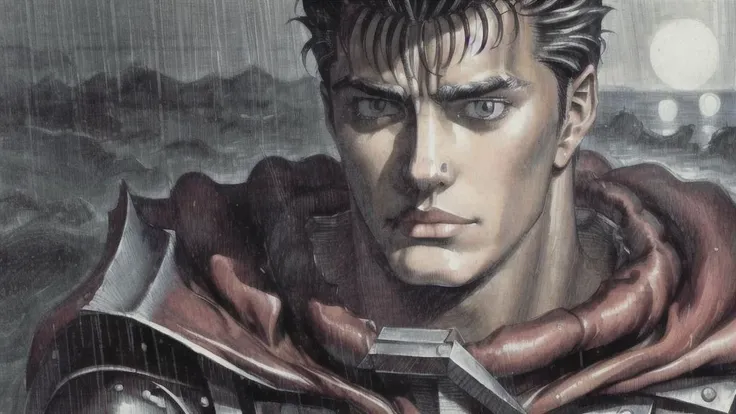 night, rain, dark, retro style, guts\(berserk\), <lora:Guts_08:1>, (detailed, masterpiece:1.4)
