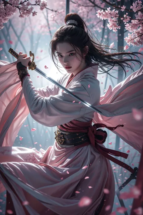 <lora:SwordSakura:0.8>,upper body,blade to side,strike pose,blade down,blade right hand,<lora:UBWKatanaOneHand:0.5>,cherry blossoms,, (masterpiece, best quality, high quality, highres, ultra-detailed),