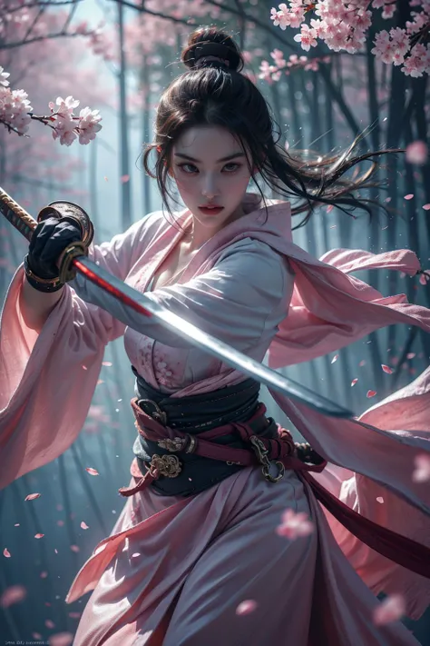 <lora:SwordSakura:0.8>,upper body,blade to side,strike pose,blade down,blade right hand,<lora:UBWKatanaOneHand:0.5>,cherry blossoms,, (masterpiece, best quality, high quality, highres, ultra-detailed),