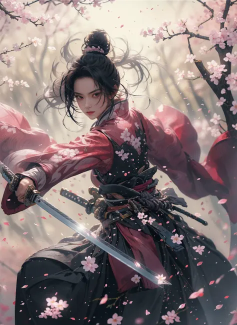 Sword Sakura,upper_body,1girl,weapon,black hair,sword,petals,cherry blossoms,long hair,chinese clothes,blurry,hair bun,hair ornament,looking at viewer,long sleeves,single hair bun,flower,
outdoors,best quality,masterpiece,illustration,an extremely delicate and beautiful,CG,unity,8k wallpaper,Amazing,finely detail,masterpiece,official art,extremely detailed CG unity 8k wallpaper,incredibly absurdres,huge filesize,ultra-detailed,highres,extremely detailed,beautiful detailed girl,realistic,<lora:SwordSakura:0.8>,<lora:UBWKatanaOneHand:0.5>,KatanaOneHand,blade up,blade right hand,strike pose,<lora:niji_wushi:0.8>,, (masterpiece, best quality, high quality, highres, ultra-detailed),