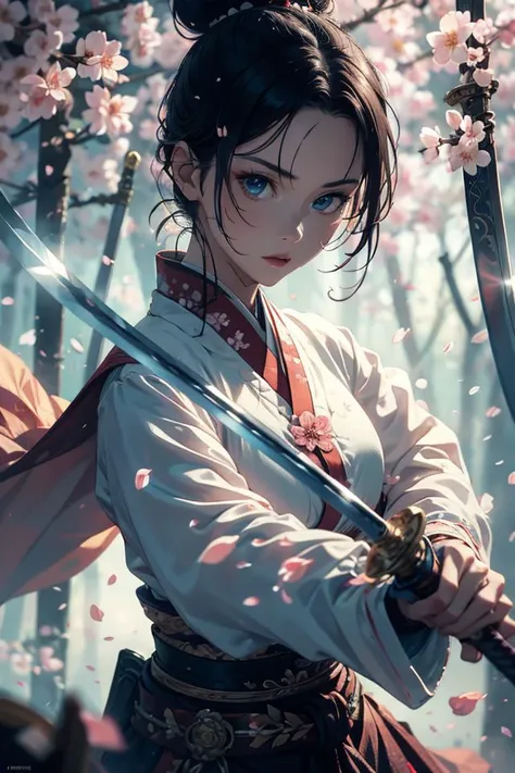 Sword Sakura,upper_body,1girl,weapon,sword,black hair,petals,cherry blossoms,long hair,chinese clothes,blurry,hair bun,hair ornament,holding weapon,looking at viewer,holding sword,holding,long sleeves,facial mark,single hair bun,flower,
outdoors,best quality,masterpiece,illustration,an extremely delicate and beautiful,CG,unity,8k wallpaper,Amazing,finely detail,masterpiece,official art,extremely detailed CG unity 8k wallpaper,incredibly absurdres,huge filesize,ultra-detailed,highres,extremely detailed,beautiful detailed girl,realistic,<lora:Sword Sakura:0.8>,, (masterpiece, best quality, high quality, highres, ultra-detailed),