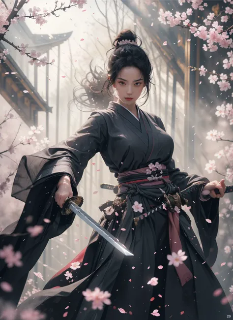 Sword Sakura,upper_body,1girl,weapon,black hair,sword,petals,cherry blossoms,long hair,chinese clothes,blurry,hair bun,hair ornament,looking at viewer,long sleeves,single hair bun,flower,
outdoors,best quality,masterpiece,illustration,an extremely delicate and beautiful,CG,unity,8k wallpaper,Amazing,finely detail,masterpiece,official art,extremely detailed CG unity 8k wallpaper,incredibly absurdres,huge filesize,ultra-detailed,highres,extremely detailed,beautiful detailed girl,realistic,<lora:SwordSakura:0.8>,<lora:UBWKatanaOneHand:0.5>,KatanaOneHand,blade up,blade right hand,strike pose,<lora:niji_wushi:0.5>,, (masterpiece, best quality, high quality, highres, ultra-detailed),