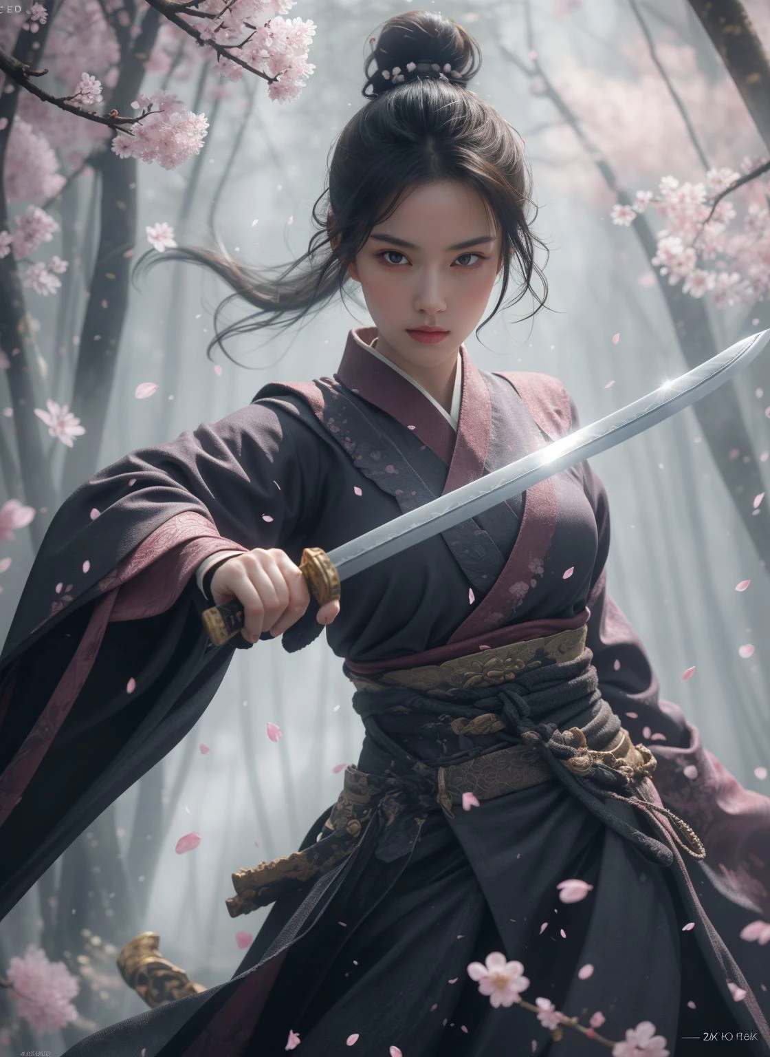 Sword Sakura,upper_body,1girl,weapon,black hair,sword,petals,cherry blossoms,long hair,chinese clothes,blurry,hair bun,hair ornament,looking at viewer,holding sword,long sleeves,single hair bun,flower,
outdoors,best quality,masterpiece,illustration,an extremely delicate and beautiful,CG,unity,8k wallpaper,Amazing,finely detail,masterpiece,official art,extremely detailed CG unity 8k wallpaper,incredibly absurdres,huge filesize,ultra-detailed,highres,extremely detailed,beautiful detailed girl,realistic,<lora:SwordSakura:0.8>,<lora:UBWKatanaOneHand:0.5>,KatanaOneHand,blade up,blade right hand,strike pose,basic grip,, (masterpiece, best quality, high quality, highres, ultra-detailed),