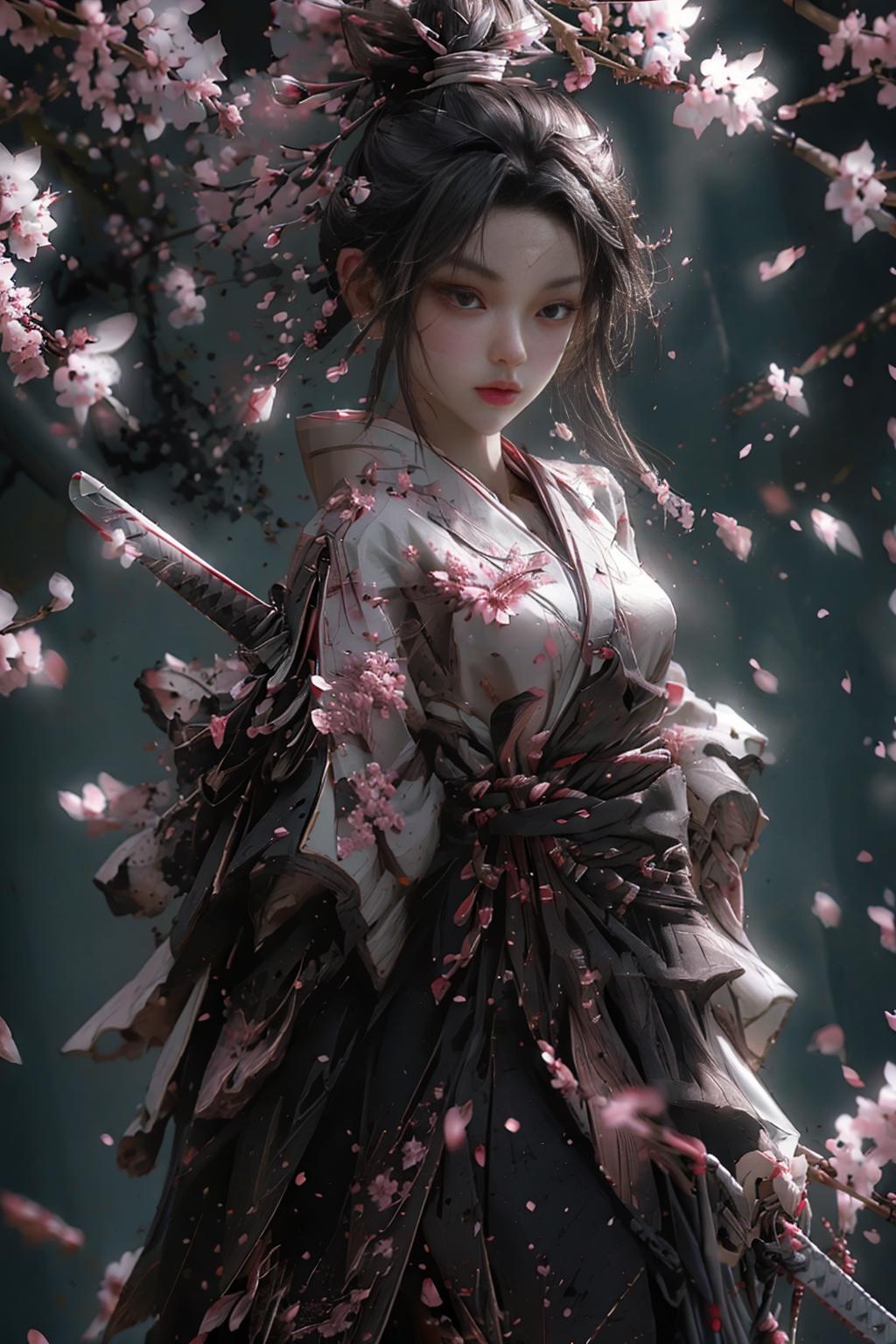 A woman in a kimono outfit holding a sword and flowers - SeaArt AI