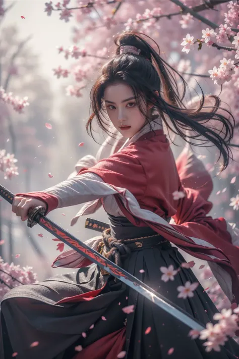 <lora:SwordSakura:0.7>,cherry blossoms,looking at viewer,<lora:niji_wushi:0.5>,holding sword,blade to side,strike pose,blade down,blade right hand,<lora:UBWKatanaOneHand:0.5>, (masterpiece, best quality, high quality, highres, ultra-detailed),