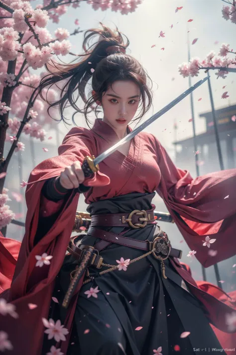 <lora:SwordSakura:0.7>,cherry blossoms,looking at viewer,<lora:niji_wushi:0.5>,holding sword,blade to side,strike pose,blade down,blade right hand,<lora:UBWKatanaOneHand:0.5>, (masterpiece, best quality, high quality, highres, ultra-detailed),