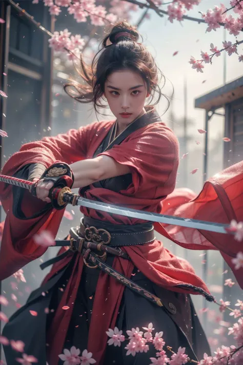 <lora:SwordSakura:0.7>,cherry blossoms,looking at viewer,<lora:niji_wushi:0.5>,holding sword,blade to side,strike pose,blade down,blade right hand,<lora:UBWKatanaOneHand:0.5>, (masterpiece, best quality, high quality, highres, ultra-detailed),