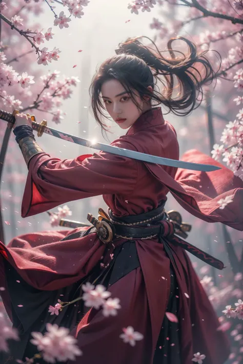 <lora:SwordSakura:0.7>,cherry blossoms,looking at viewer,<lora:niji_wushi:0.5>,holding sword,blade to side,strike pose,blade down,blade right hand,<lora:UBWKatanaOneHand:0.5>, (masterpiece, best quality, high quality, highres, ultra-detailed),