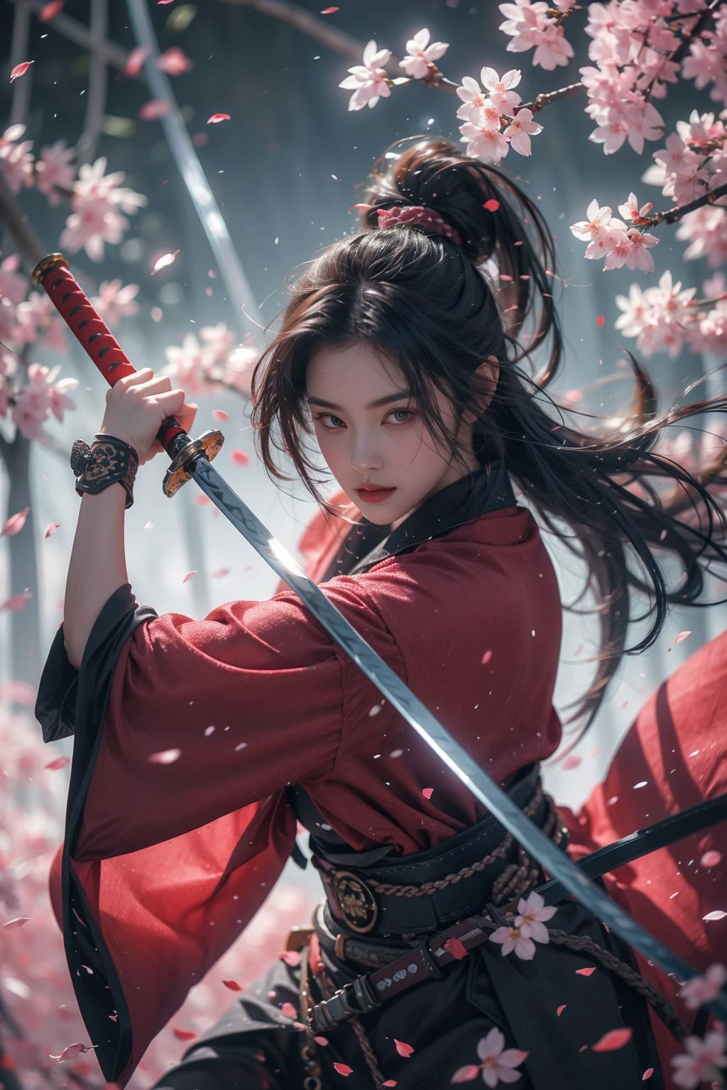 <lora:SwordSakura:0.7>,cherry blossoms,looking at viewer,<lora:niji_wushi:0.5>,holding sword,blade to side,strike pose,blade down,blade right hand,<lora:UBWKatanaOneHand:0.5>,(photorealistic,realistic,photo-realistic),upper body,(masterpiece, best quality, high quality, highres, ultra-detailed),