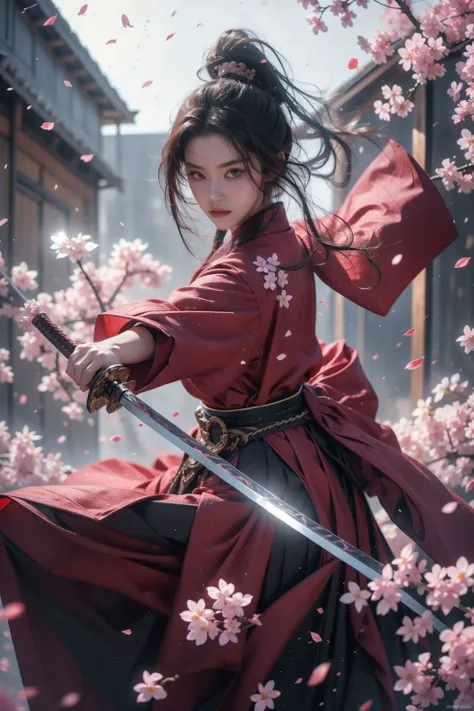 <lora:SwordSakura:0.7>,cherry blossoms,looking at viewer,<lora:niji_wushi:0.5>,holding sword,blade to side,strike pose,blade down,blade right hand,<lora:UBWKatanaOneHand:0.5>,, (masterpiece, best quality, high quality, highres, ultra-detailed),