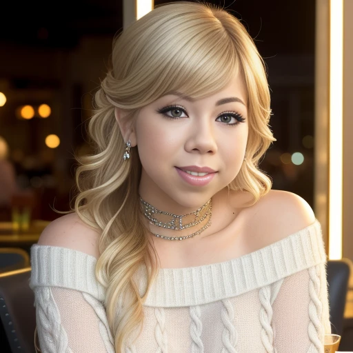 piercing eyes, looking straight, portrait photo of (Jennette), smiling, blonde hair, wearing an off-shoulder sweater, choker, closeup portrait, in a outdoor cafe in 2015, afternoon light, ,<lora:Jennette:0.8>, portrait photo of elisha beautiful woman hair updo upsweep nightclub sitting at bar (masterpiece) (best quality) (detailed) (8k) (HDR) (wallpaper) (cinematic lighting) (sharp focus) (intricate)