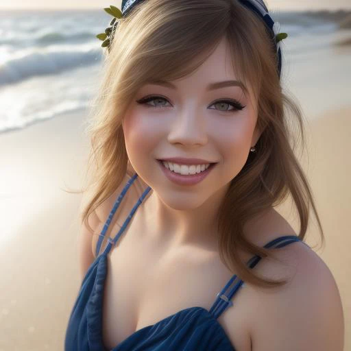 (sharp focus:1.2), photo, attractive young Jennette, (beautiful face:1.1), detailed eyes, luscious lips, (cat eye makeup:0.85), (big smile:1.2), wearing (romper:1.2) on a (beach:1.2). (moody lighting:1.2), depth of field, bokeh, 4K, HDR. by (James C. Christensen:1.2|Jeremy Lipking:1.1). ,<lora:Jennette:0.8>