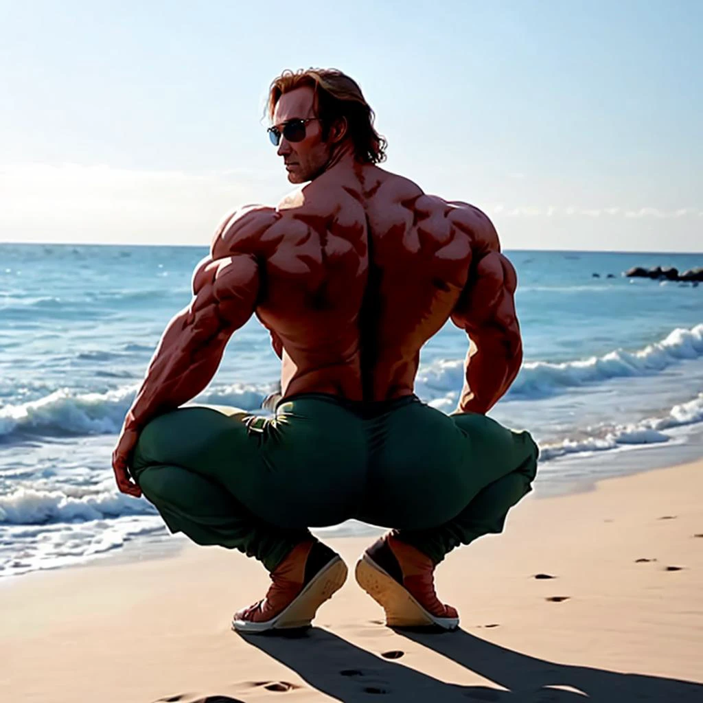 <lora:BabyDontHurtMeDogu:0.9> realistic beach mike_o'hearn serious_face :| aviator_sunglasses brolyculomeme <lora:BrolyCuloMeme:0.7> from_behind looking_back squatting spread_legs (3/4 perspective):1.2 <lora:epi_noiseoffset2:0.8> high-key_lighting
