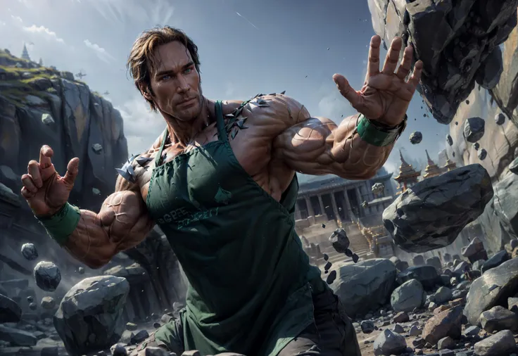 <lora:add_detail:0.6> <lora:GoodHands-beta2:1> <lora:Concept - Geomancer:0.8> (masterpiece, best quality, realistic, detailed, sharp:1.2), intricate details, 1boy, solo, (half shot photo of ohearn as geomancer), fighting stance, <lora:BabyDontHurtMeDogu:0.8> (wearing green apron:1.1), rocks,