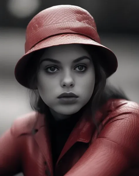 OdeyaRush, photograph, [Old|Gentle] voluptuous Female of Elements, wearing Average Snakeskin Red Trapper hat, Winter, tilt shift, Movie still, Suffering, moody lighting, Ilford HP5, Depth of field 100mm, art by Giorgio de Chirico, <lora:OdeyaRushSDXL:1>