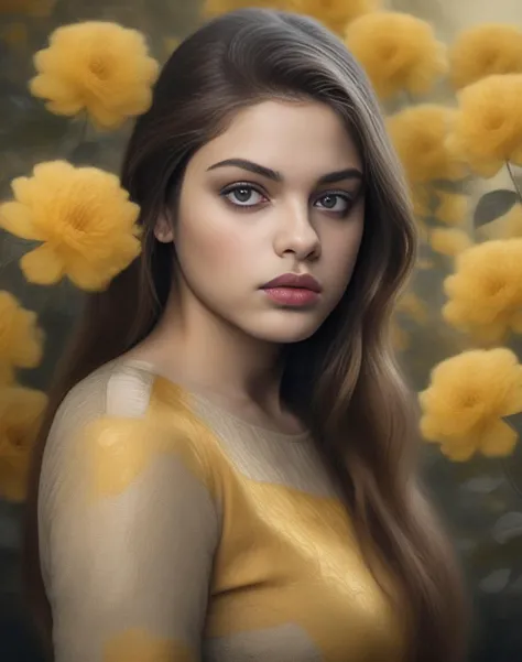 OdeyaRush,<lora:OdeyaRushSDXL:1>Girl with beautiful sad eyes on the background of flowering garden. earthy tone and yellow colors (glamour by Dior). Hyperrealistic, real, art, photography, realistic, masterpieces, high quality, best quality, official art, beautiful, aesthetic, highly detailed, intricate, sharp focus, digital art, [style by Luis Royo and Fabian Perez], fine charcoal , pencil sketch, stencil layered resin, 16k, UHD, HDR, (Masterpiece: 1. 5), (best quality: 1. 5)