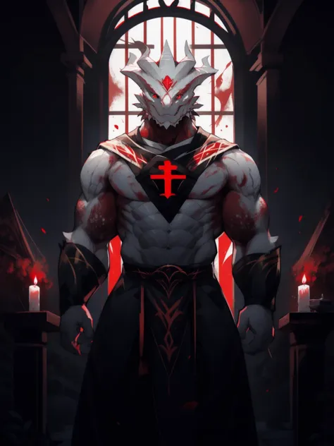 thedarkurge, dragonborn \(dnd\), white body, red eyes, male, muscular, loincloth, detailed background, dark, cult, sacrificial altar, indoor, temple, palace, blood, very dark, bust portrait <lora:thedarkurge_v1_ep10:1>