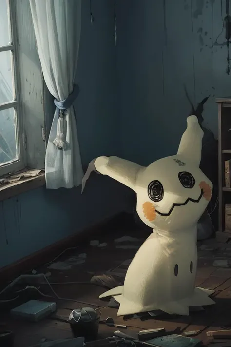 Mimikyu_Pokemon in an old abandoned house, broken furniture, dust, decay, blue flame candles dimly lighting room, night, glowing, ultrarealistic, highest quality, professional photography,
<lora:add_detail:0.2>, dark atmospheric lighting <lora:Mimikyu_Pokemon_Anime:1>, no humans