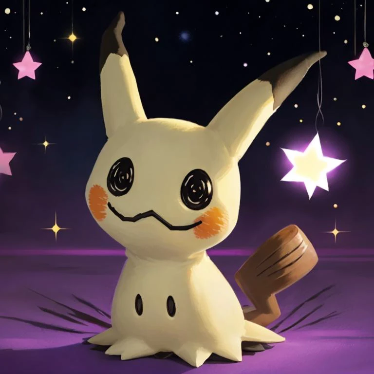 (masterpiece, best quality:1.2), solo, 
<lora:Mimikyu_Pokemon_Anime:0.6>, Mimikyu_Pokemon, no humans, purple star, sparkle, starry_background, solo, looking at viewer,