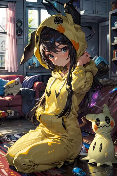 masterpiece,best quality,personification,Mimikyu_Pokemon,(hood up,yellow bodysuit),indoors,living room,<lora:Mimikyu_Pokemon_Anime_Dim32:0.7>,