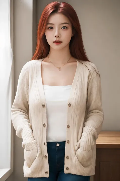 masterpiece, best quality, 1girl ,cowboy shot, cardigan, lace, looking at viewer, indoors, arms behind back, tight pants, red hair,
<lora:shiyi_v6-000008:0.74>