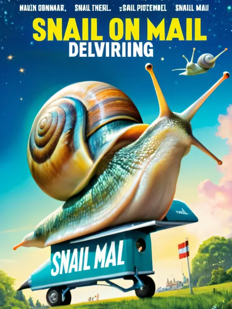 Poster, MovierAF, snail on a rocket delivering mail, with title âSNAIL MAILâ <lora:movieposte, <lora:BetterTextRedmond:1>