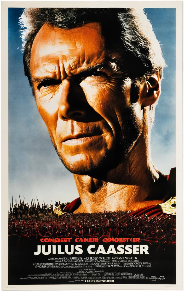 Clint Eastwood as Julius Caeser, with title "CONQUEST"
,Movie Poster, MoviePosterAF,
,<lora:MoviePosterRedmond-MoviePoster-MoviePosterRedAF:1>