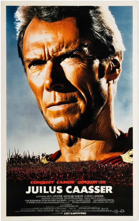 Clint Eastwood as Julius Caeser, with title "CONQUEST"
, Poster, MovierAF,
,<lora:MoviePosteond-MoviePoster-MovterRedAF:1>