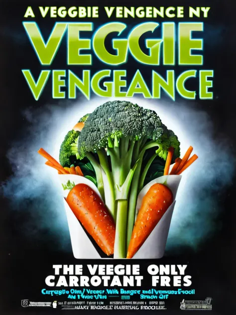 Poster, MovierAF, Veggie only diner food surreal, replacing burgers with broccoli and fries with carrot sticks, with title âVeggie Vengeanceâ <lora:movieposte, <lora:BetterTextRedmond:1>