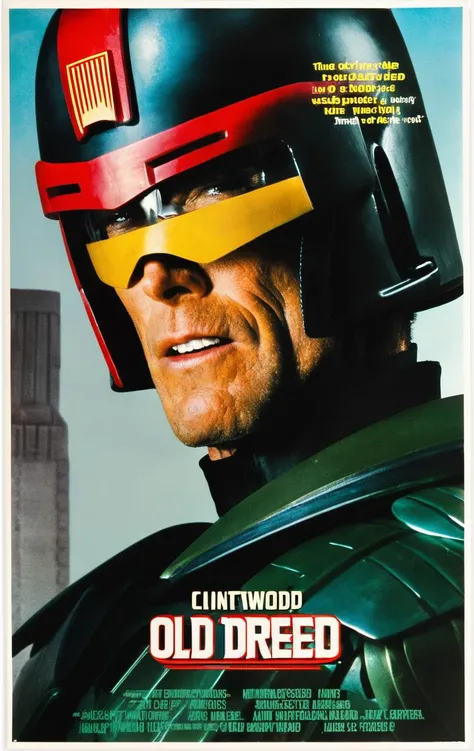 Close up of Clint Eastwood as Judge Dredd, with title "OLD DREDD"
, Poster, MovierAF,
,<lora:MoviePosteond-MoviePoster-MovterRedAF:1>