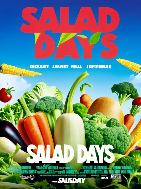Poster, MovierAF, group of vegetables taking on a fast-food empire, with title â'Salad Daysâ <lora:movieposte, <lora:BetterTextRedmond:1>