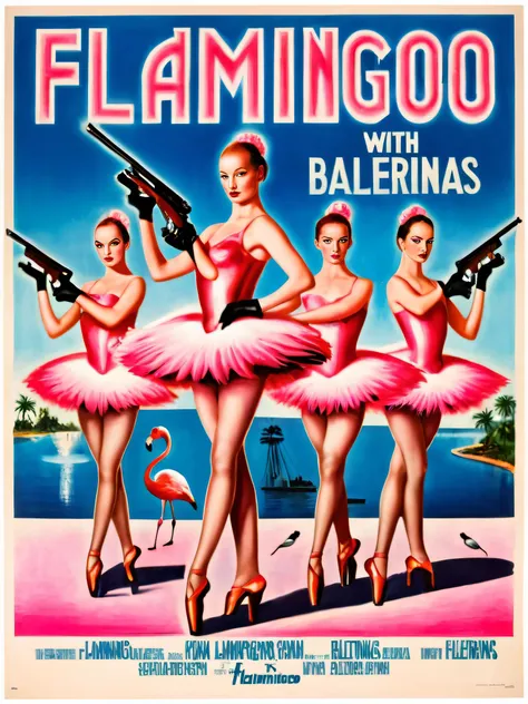 Poster, MovierAF, Flamingo ballerinas with guns, with title âFlamingoâ <lora:movieposte, <lora:BetterTextRedmond:1>