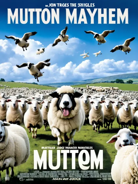 A flock of sheep in a chaotic shearing competition shears flying and wool billowing. A bewildered sheepdog judge struggles to maintain order. with title âMutton Mayhemâ (Movie Poster, MoviePosterAF, <lora:movieposters:1>, <lora:BetterTextRedmond:1>)