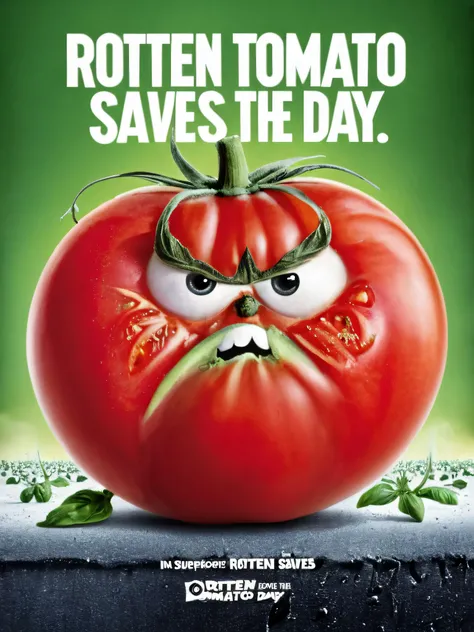 Poster, MovierAF, grumpy tomato in superhero cape, with title âRotten Tomato Saves The Dayâ <lora:movieposte, <lora:BetterTextRedmond:1>)