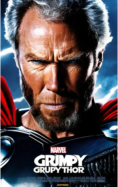 Clint Eastwood as Thor, with title "GRUMPY THOR"
, Poster, MovierAF,
,<lora:MoviePosteond-MoviePoster-MovterRedAF:1>